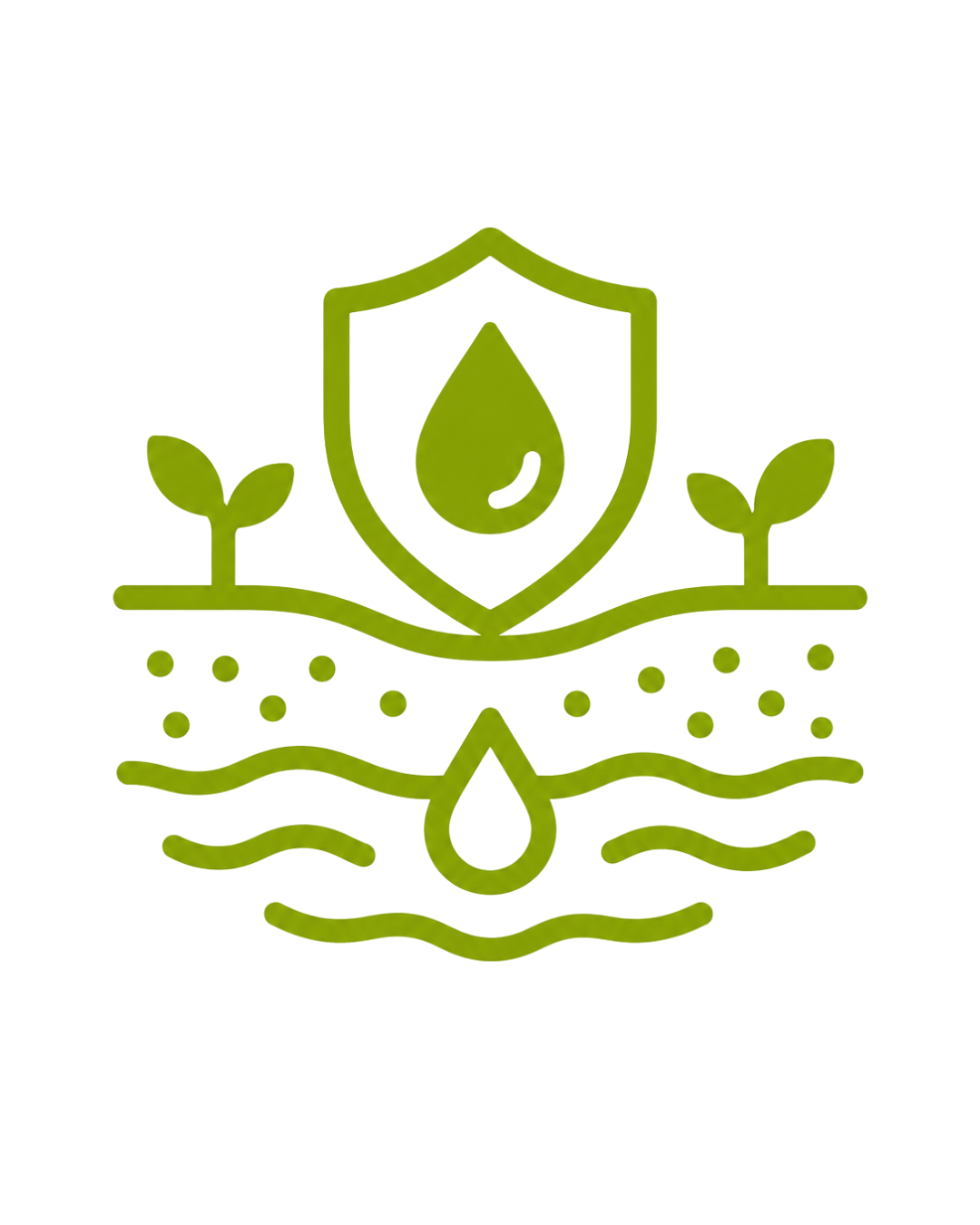 Icon zum Schutz von Grundwasser mit Wassertropfen, Schutzschild, Bodenschicht und Wasserlinien