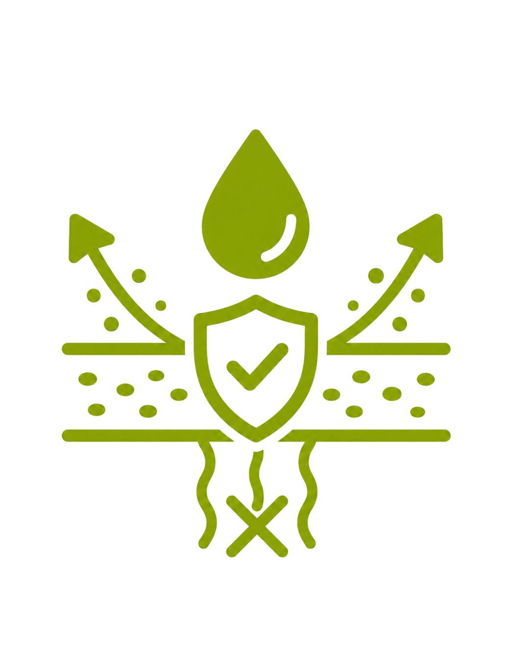 Icon zur Reduzierung der Schadstoffauswaschung mit Wassertropfen, Schutzschild und blockiertem Wasserfluss