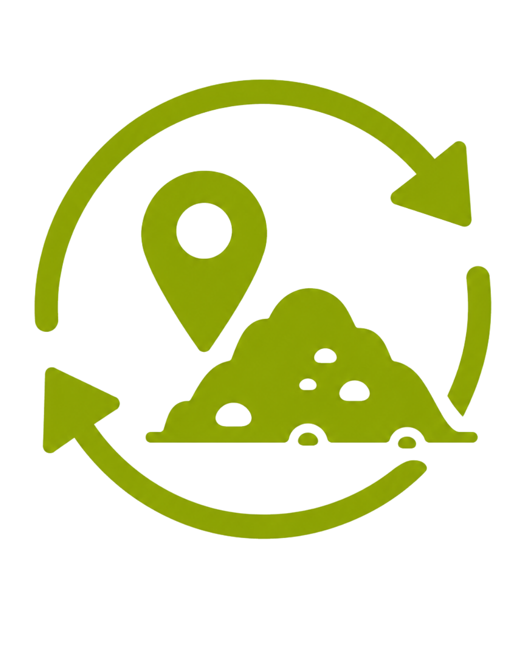 Icon zur Wiederverwendung von Bodenaushub vor Ort mit Erdhaufen, Standortmarker und Kreislaufpfeilen