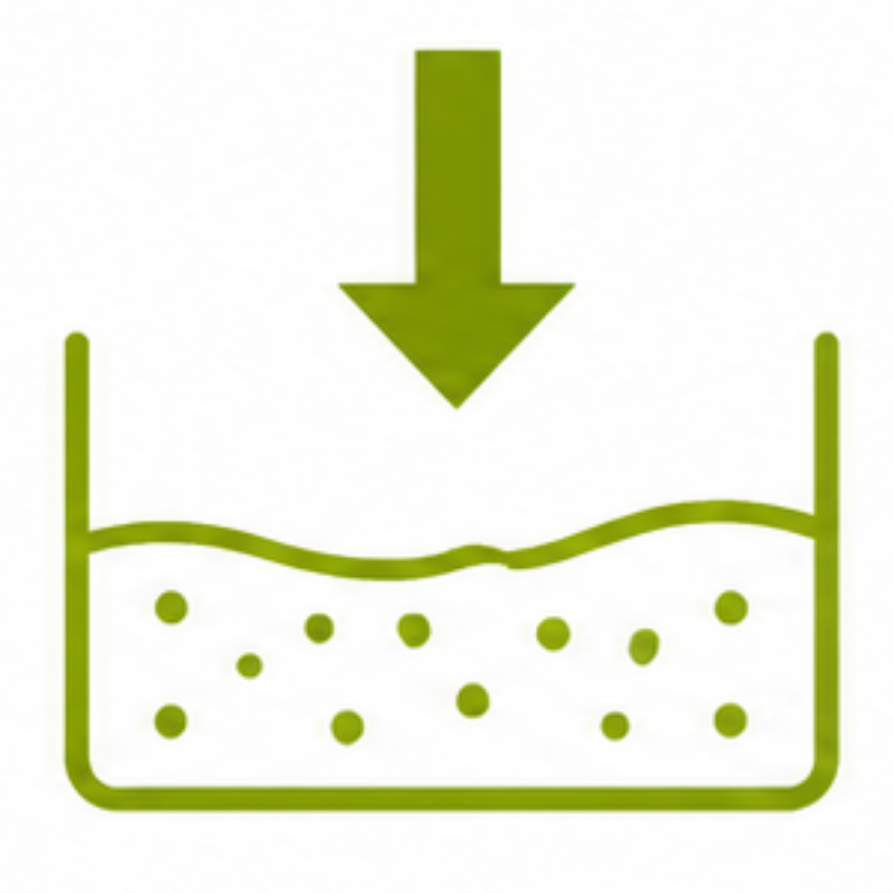 Icône verte indiquant un sol liquide auto-compactant qui se répartit uniformément sans compactage supplémentaire.
