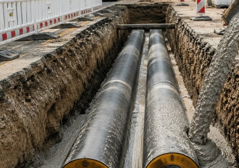 Les conduites de chauffage urbain isolées sont enrobées de sol liquide dans une tranchée de génie civil afin de garantir un lit de pose stable et un transfert thermique optimal.
