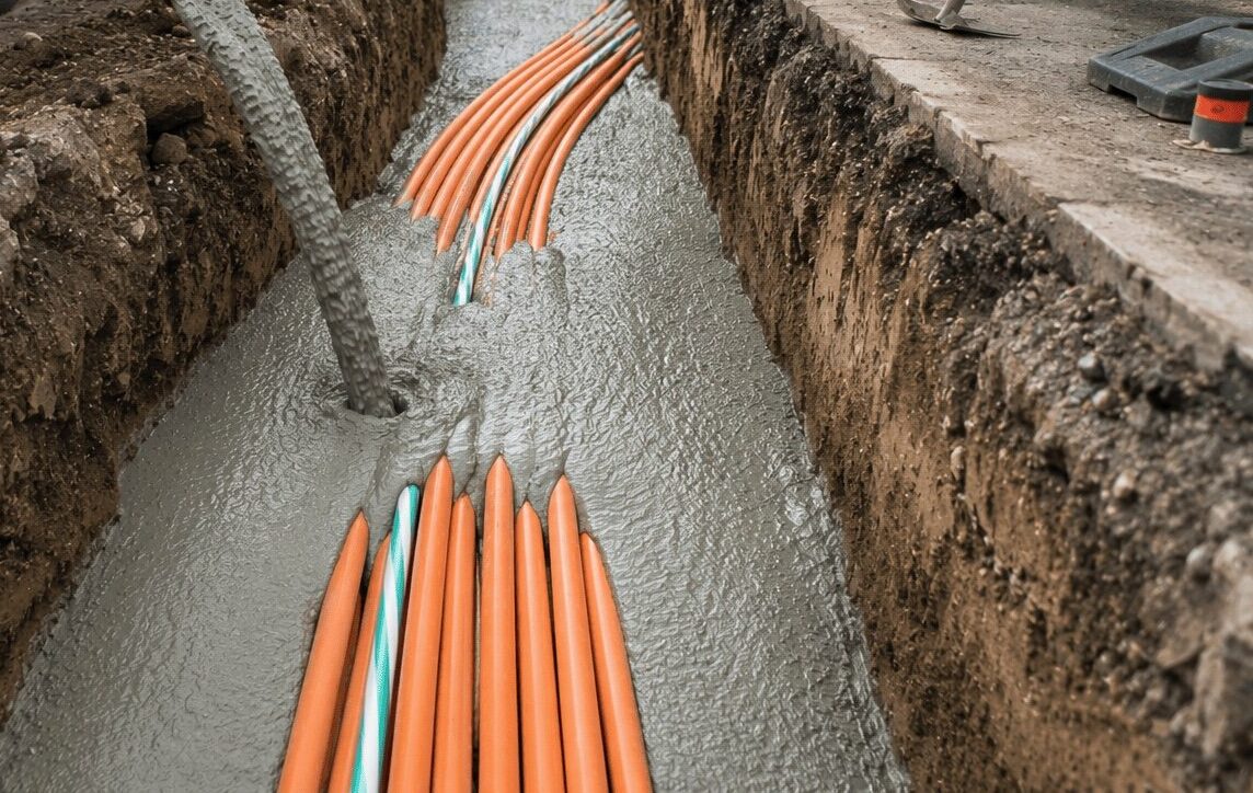 Les câbles à fibre optique sont enrobés de sol liquide dans une tranchée de génie civil afin d'obtenir un remblayage stable et présentant un tassement minimal.