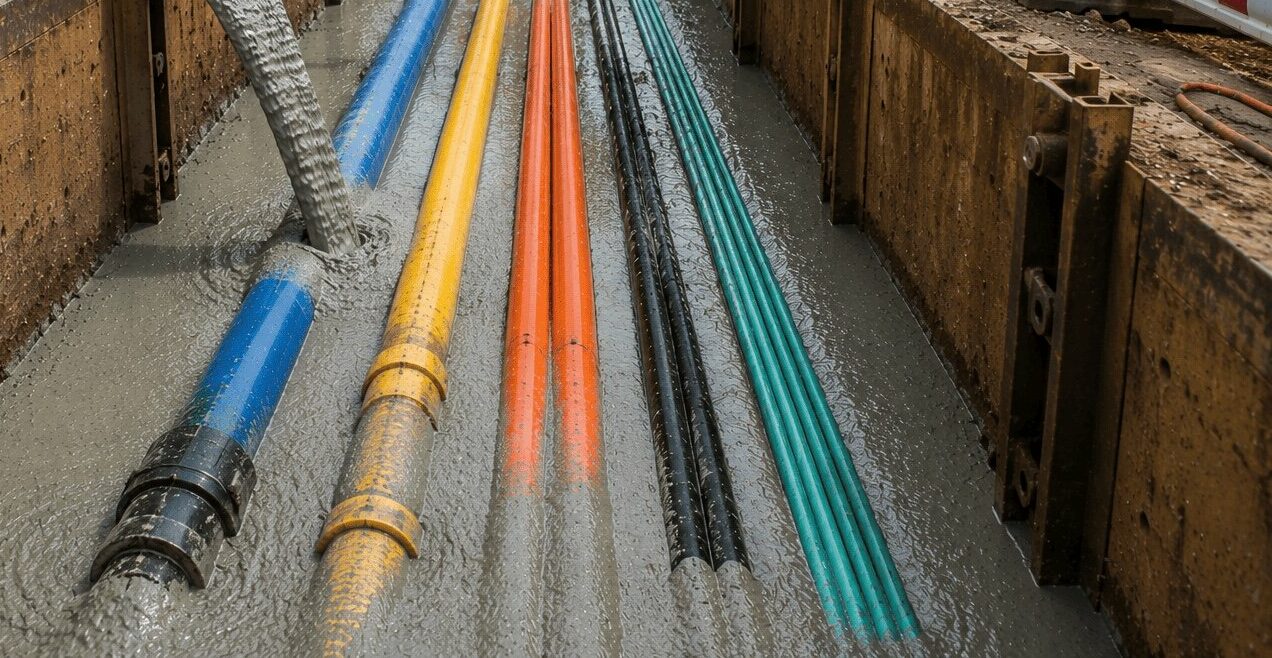 Plusieurs conduites d'alimentation en électricité, en eau, en gaz et en télécommunications sont enrobées de sol liquide dans une tranchée de génie civil afin de garantir un remblayage stable, présentant un faible tassement et offrant une sécurité durable.