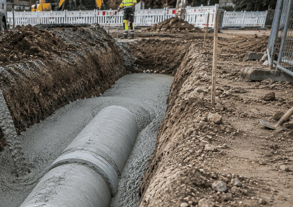 Construction de canalisations avec sol fluide : une conduite est enrobée de sol fluide dans une tranchée de génie civil afin de garantir un remblayage stable et présentant un tassement minimal.